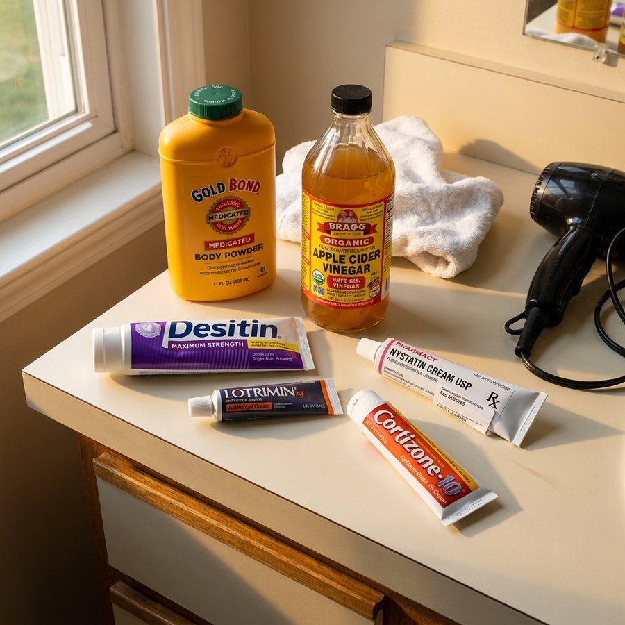 Gold Bond powder, Desitin, Lotrimin AF, Cortizone-10, prescription Nystatin and apple cider vinegar: what American women try for skin fold rash