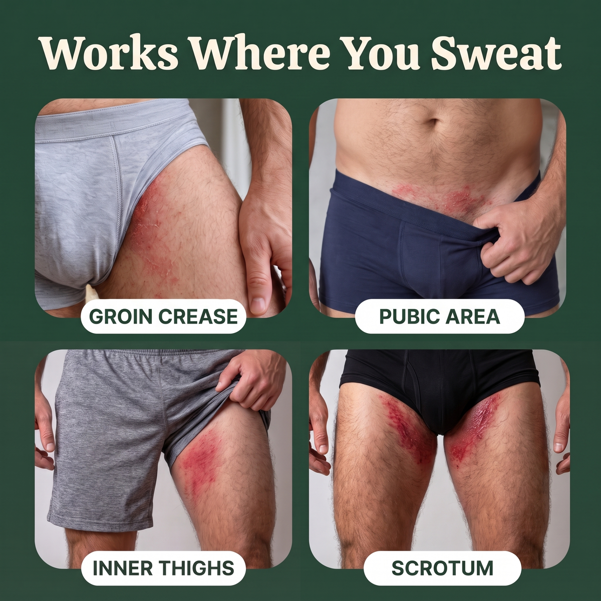Works where you sweat: groin crease, pubic area, inner thighs, scrotum