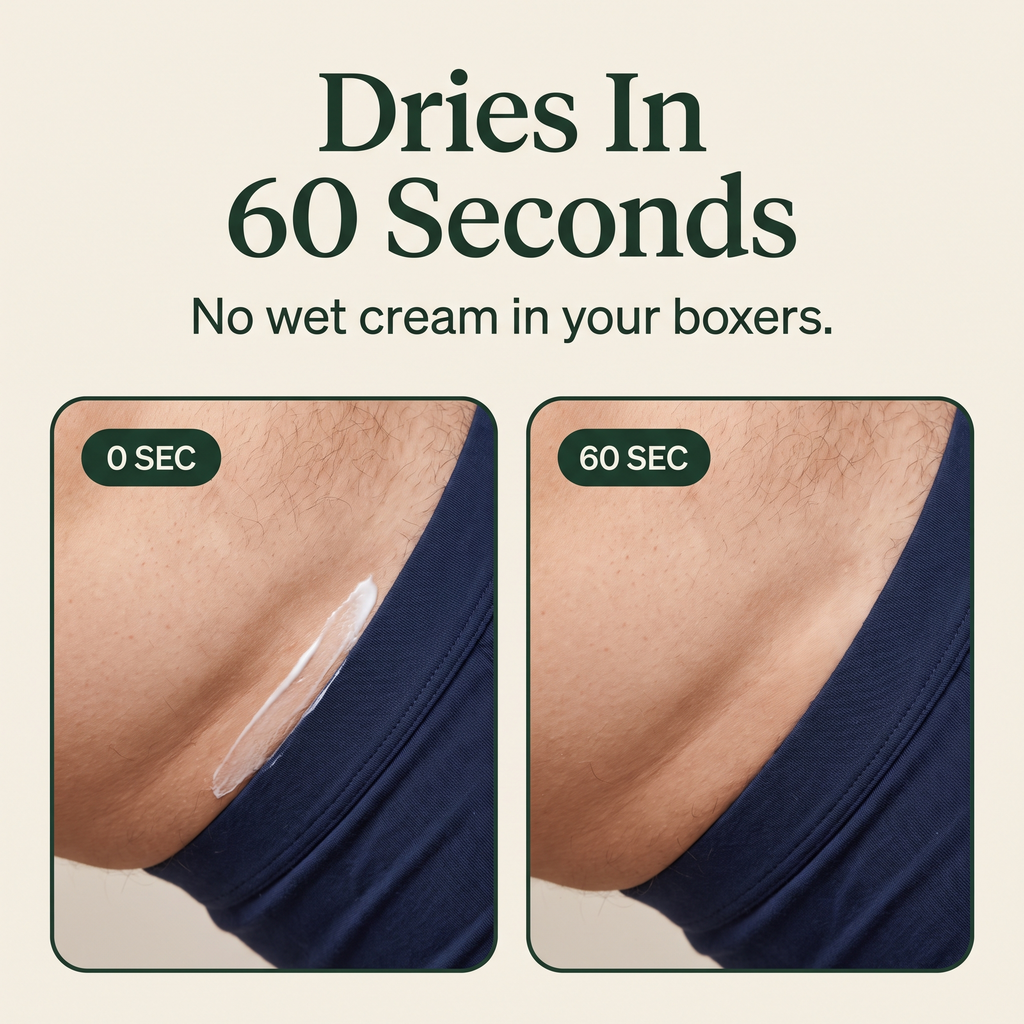 Clairon dries in 60 seconds, no wet cream in your boxers