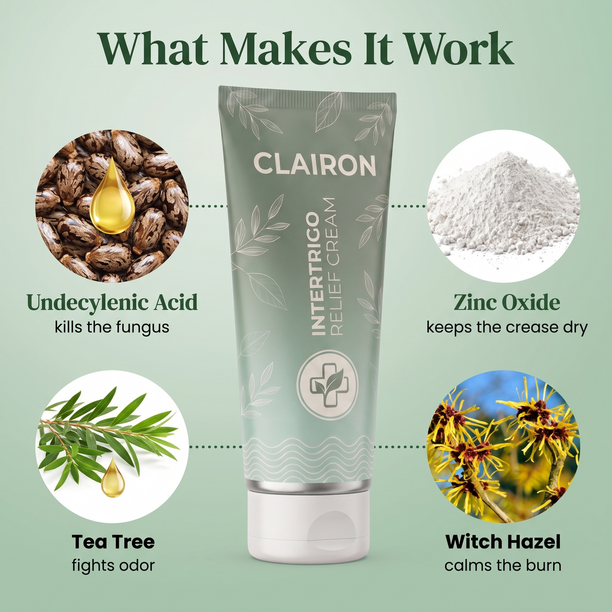 Clairon ingredients: undecylenic acid, zinc oxide, tea tree, witch hazel