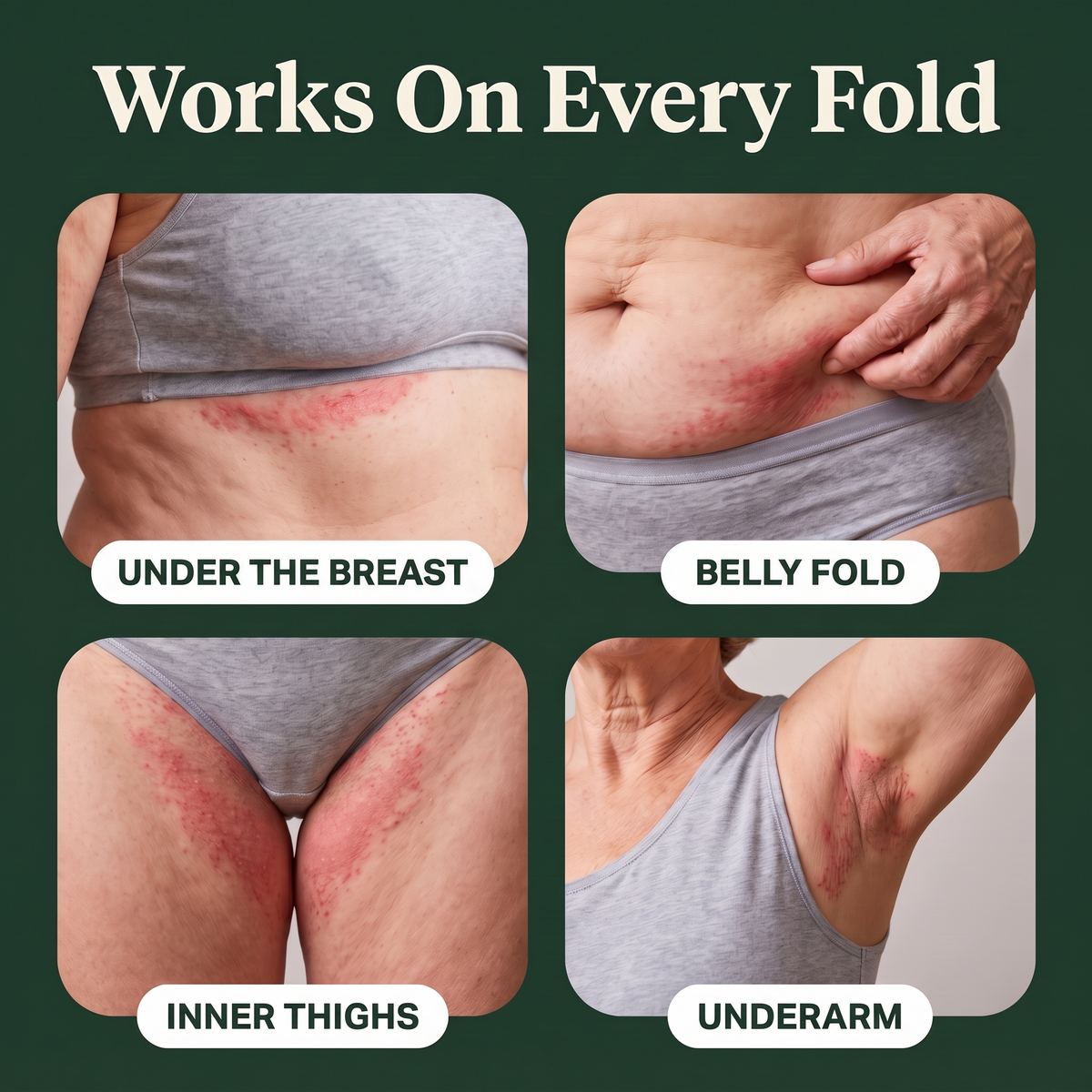 Works on every fold: under the breast, belly fold, inner thighs, underarm