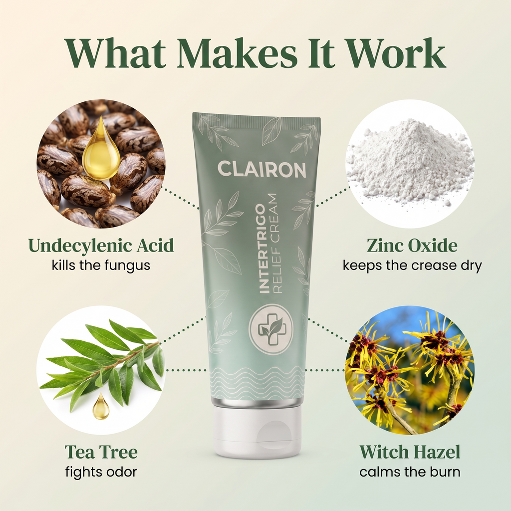 Clairon ingredients: undecylenic acid, zinc oxide, tea tree, witch hazel